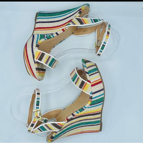 EUC Shoe Dazzle Retro Striped Platform Wedge Sandals - Picture 11 of 13